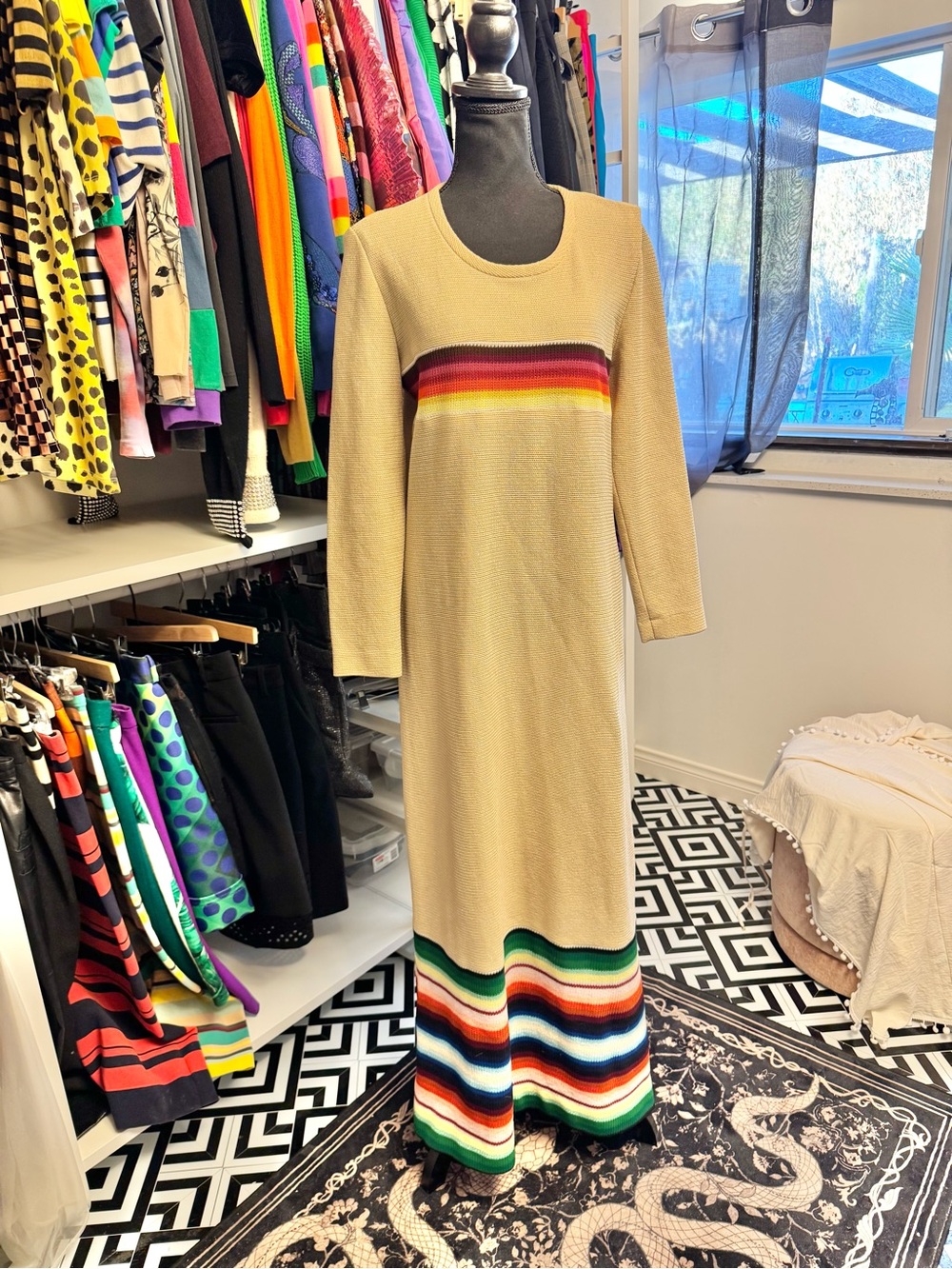 Vintage 1970s Fred Rothschild Rainbow Serape Stripe Knit Maxi Dress